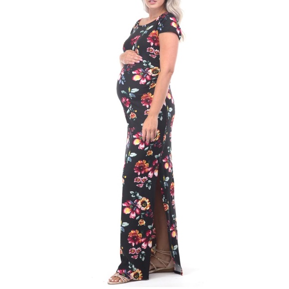 Maternity Short Sleeve Ruched Bodycon Dress with Side Slit, Large, Floral - Picture 2 of 7